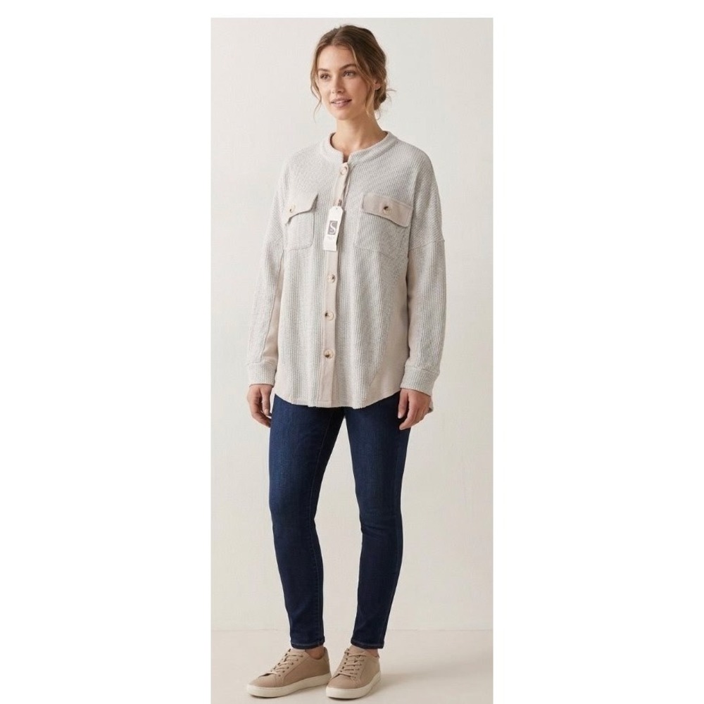 Saukole Womens Waffle Knit Shacket Button Down Shirt Jacket Gray Large NWT